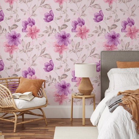 Watercolor aquarelle pink and purple floral pattern Peel and Stick Wallpaper Mural Removable Wallpaper EazzyWalls 