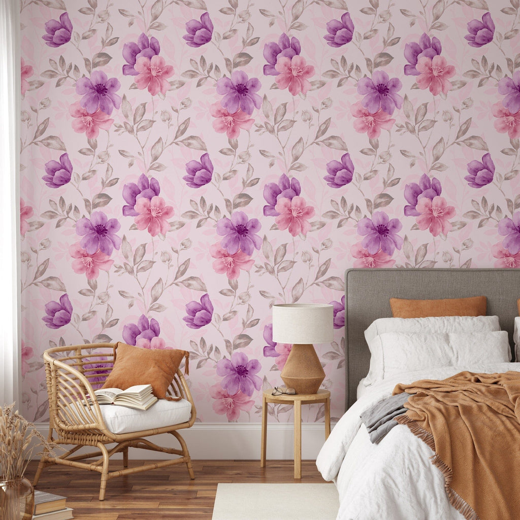 Watercolor aquarelle pink and purple floral pattern Peel and Stick Wallpaper Mural Removable Wallpaper EazzyWalls 