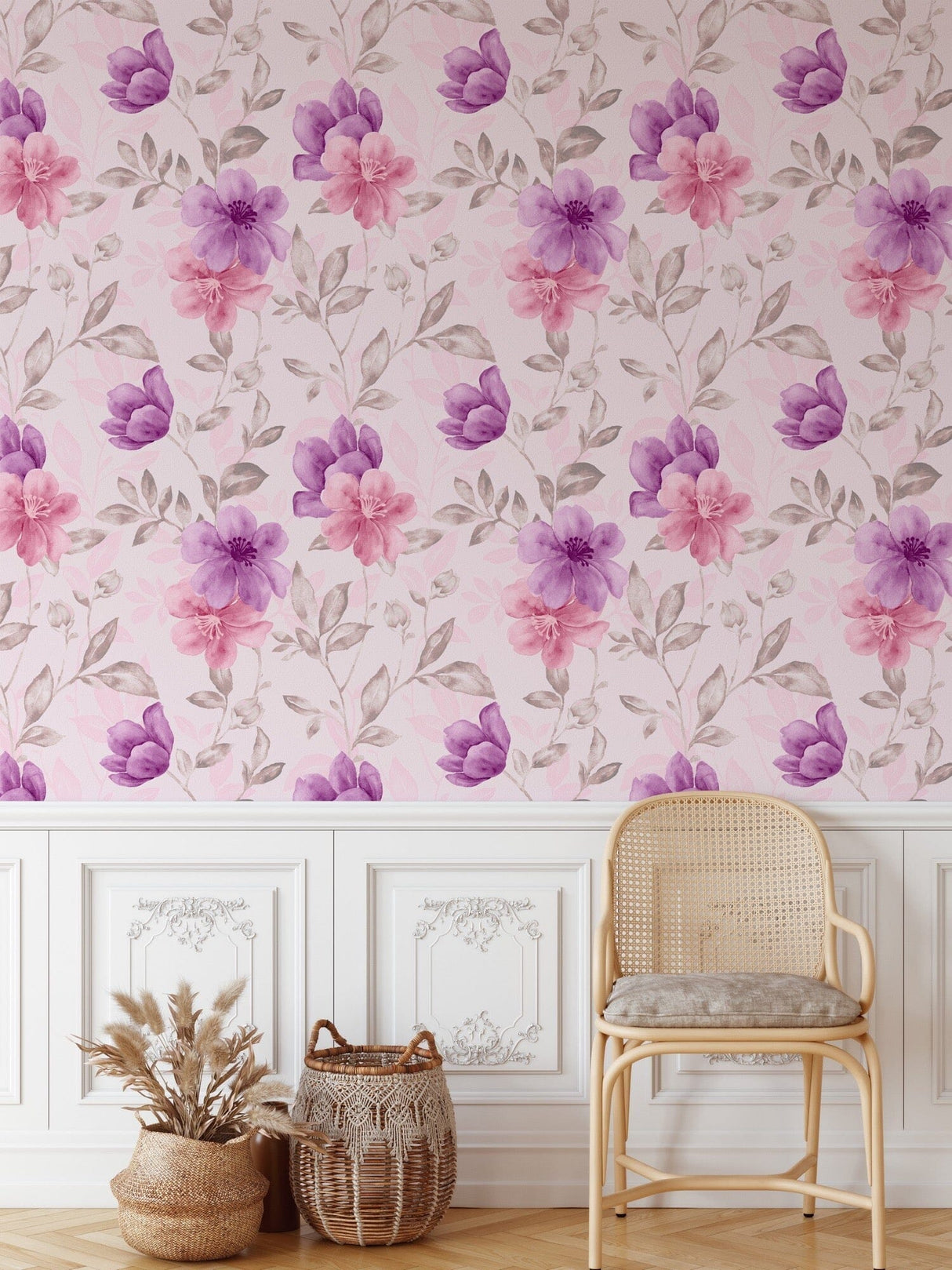 Watercolor aquarelle pink and purple floral pattern Peel and Stick Wallpaper Mural Removable Wallpaper EazzyWalls 