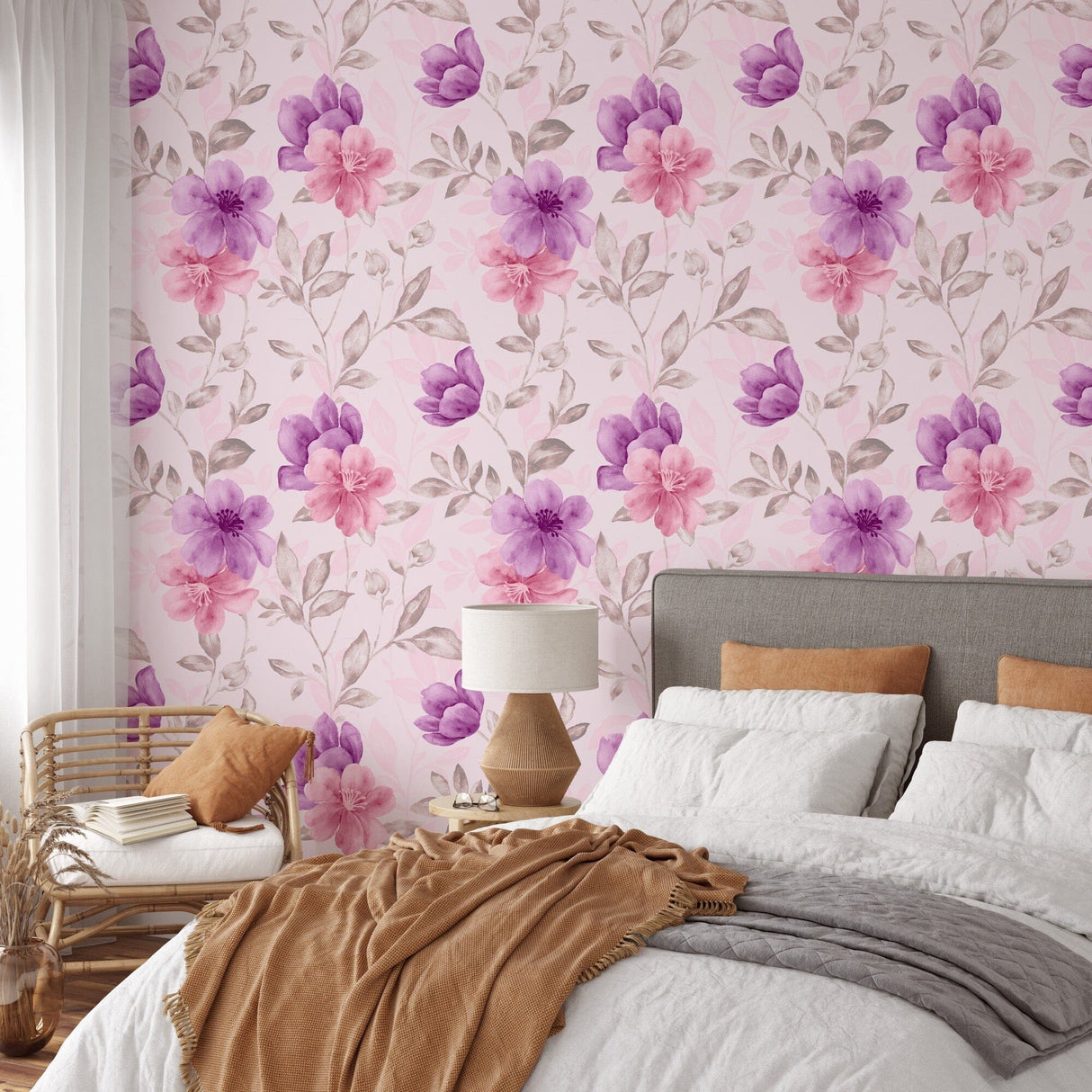 Watercolor aquarelle pink and purple floral pattern Peel and Stick Wallpaper Mural Removable Wallpaper EazzyWalls 