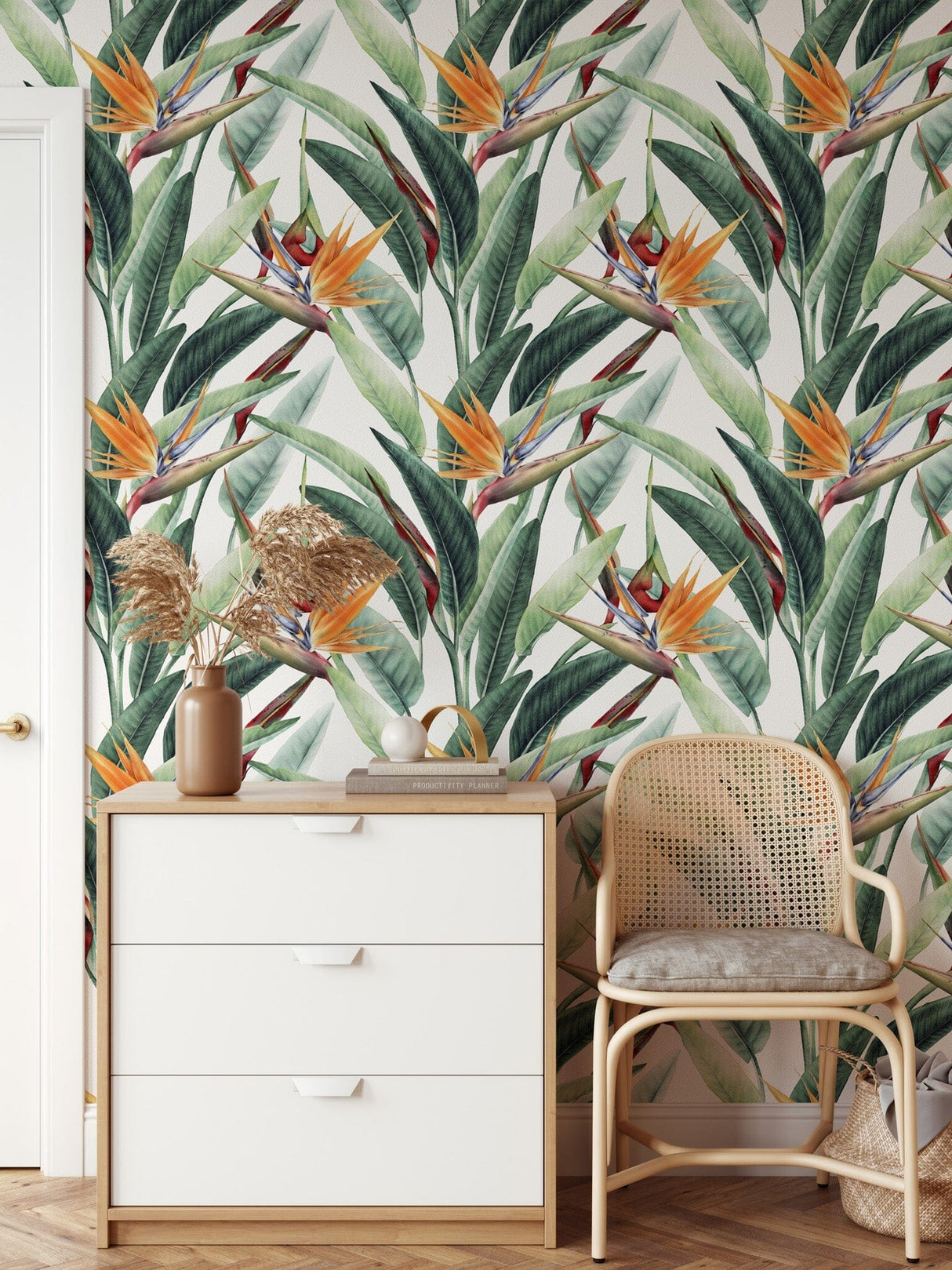 Green Watercolor Leaves with Flowers Wallpaper Peel and stick Wallpaper EazzyWalls 