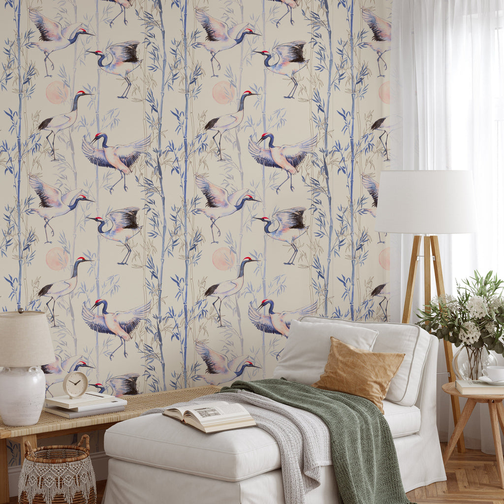 Hand Drawn Watercolor Japanese Cranes Wallpaper Peel and Stick Wallpaper EazzyWalls Sample: 6''W x 9''H Smooth Vinyl 