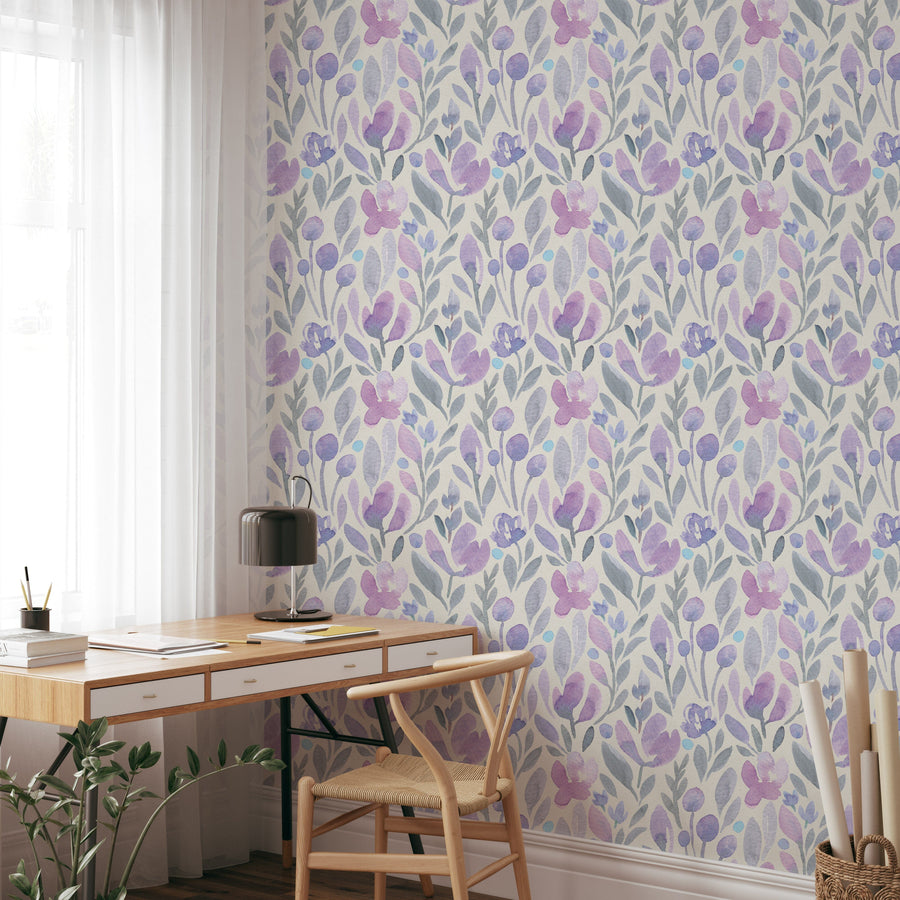 Home office with Purple Botanical Watercolor Floral Wallpaper