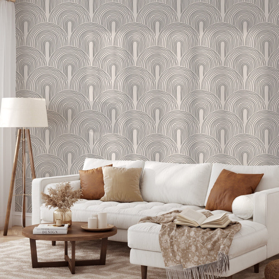 Living room with Hand-Drawn Minimalist Arch Wallpaper 