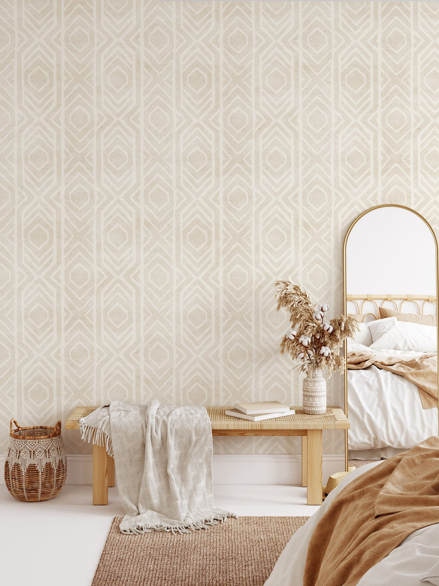 Modern bedroom with Beige Ikat Geometric Japandi Wallpaper