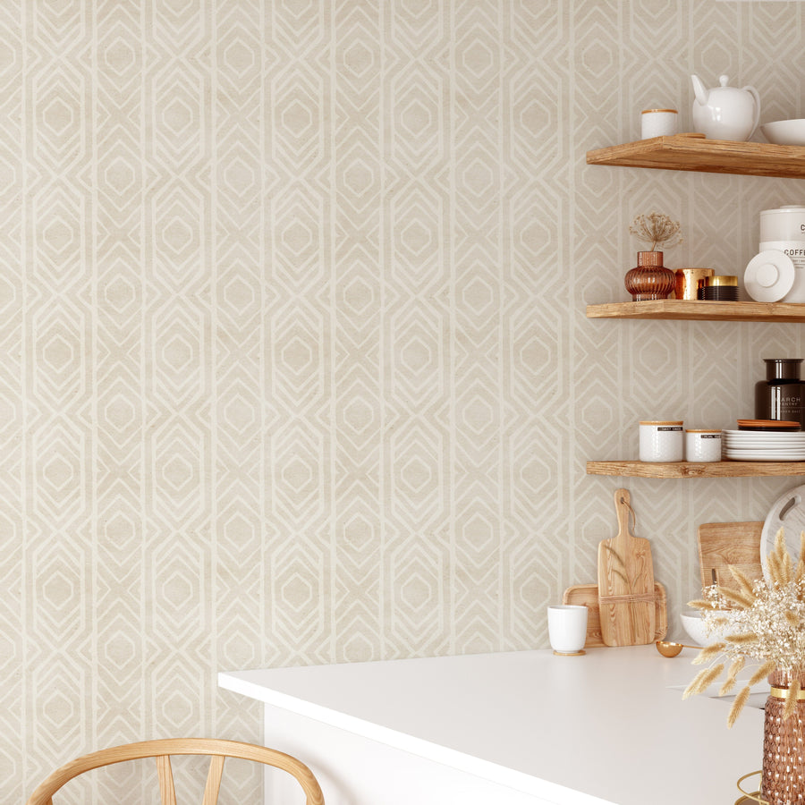 Modern kitchen with Beige Ikat Geometric Japandi Wallpaper