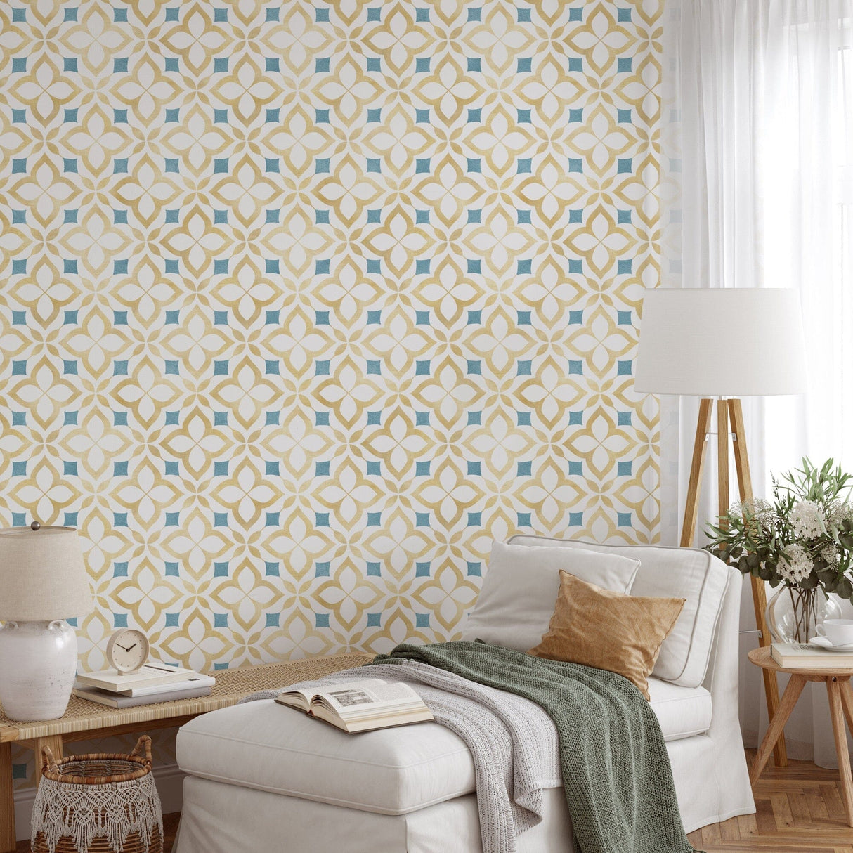 Yellow and Blue Moroccan Mosaic Peel and Stick Wallpaper Mural Peel and stick Wallpaper EazzyWalls 