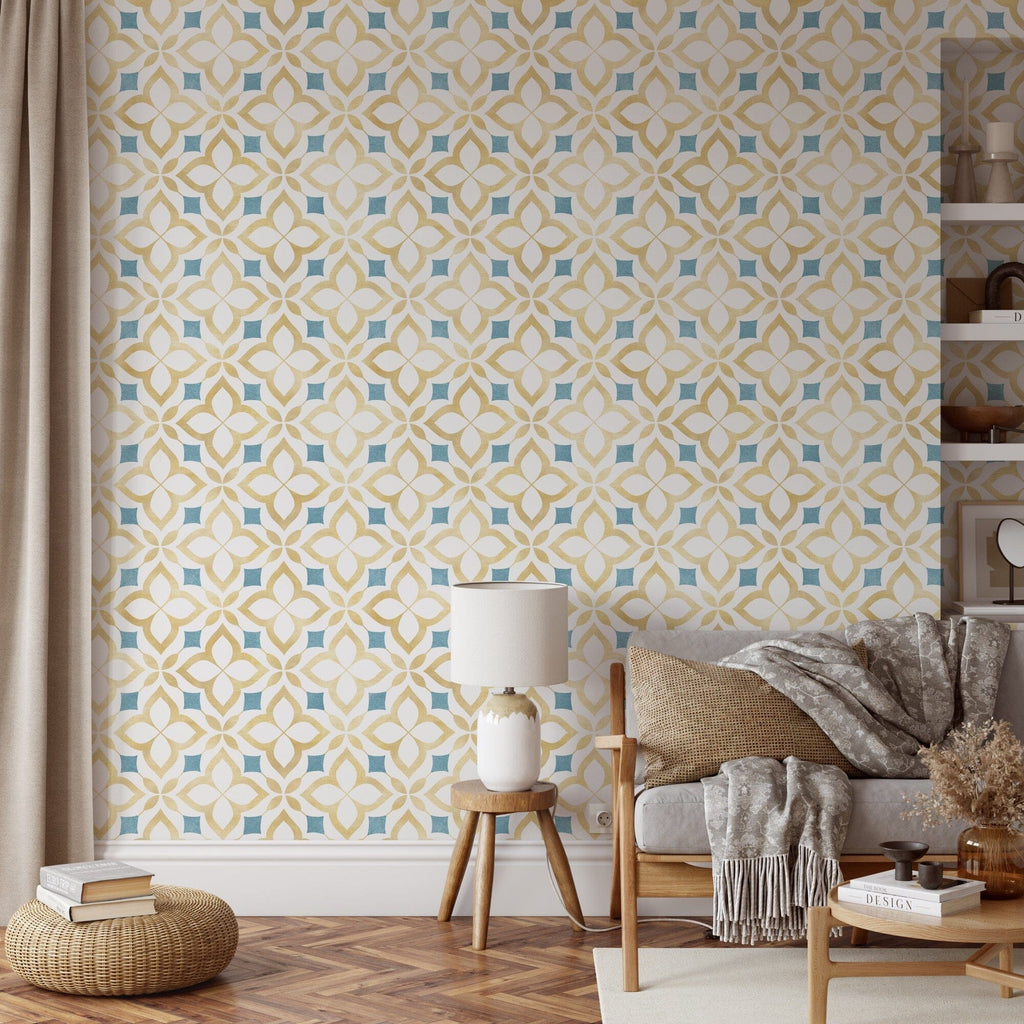 Yellow and Blue Moroccan Mosaic Peel and Stick Wallpaper Mural Peel and stick Wallpaper EazzyWalls 