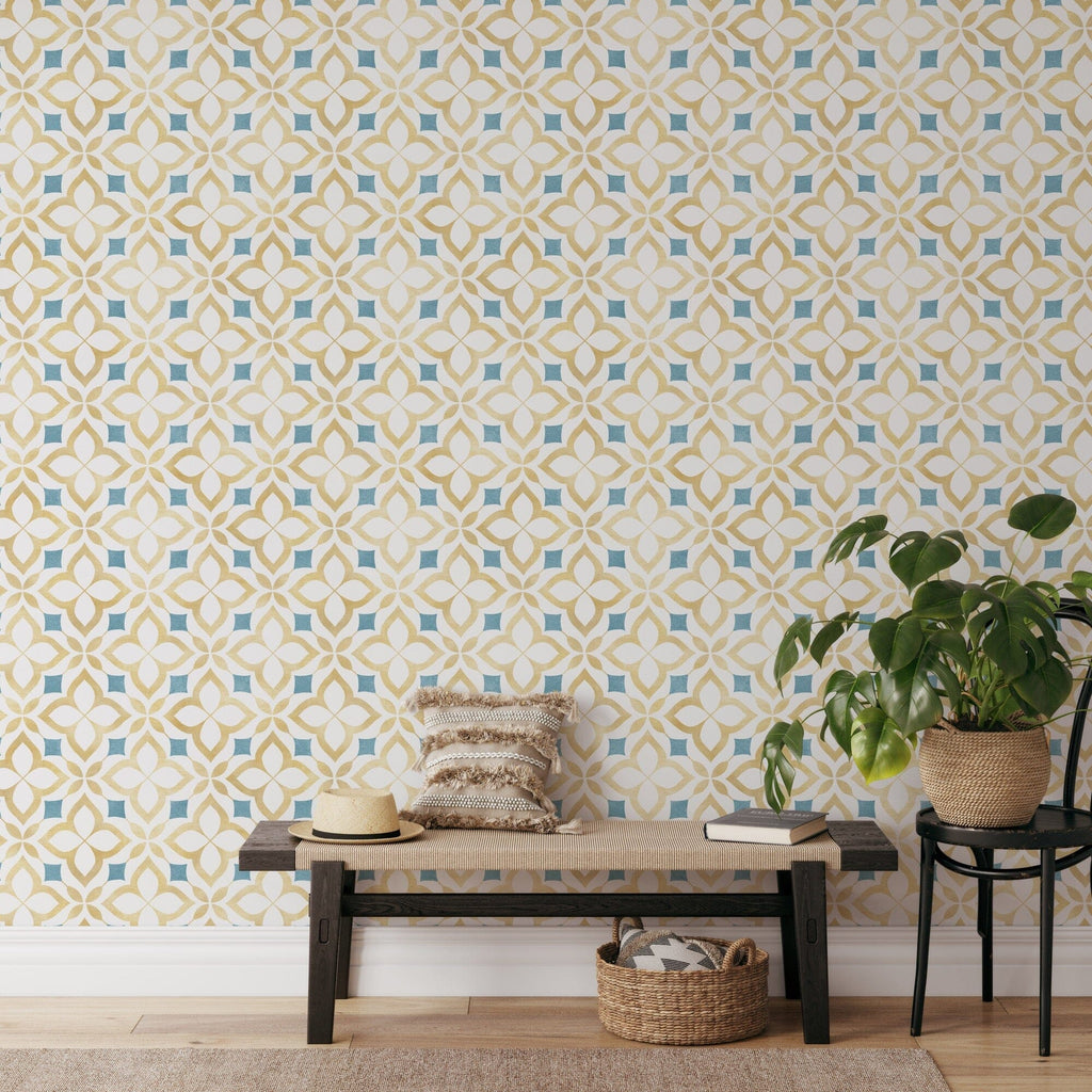 Yellow and Blue Moroccan Mosaic Peel and Stick Wallpaper Mural Peel and stick Wallpaper EazzyWalls 