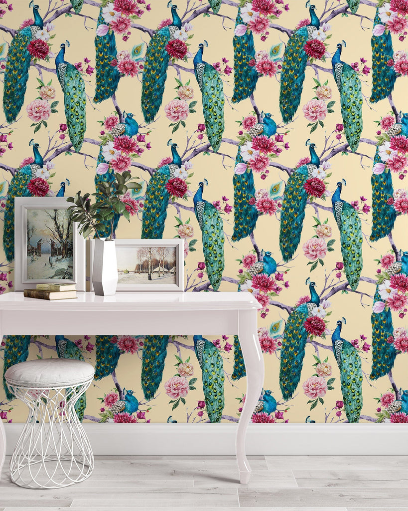 Peacock and Pink Magnolia Wallpaper Peel and stick Wallpaper EazzyWalls 