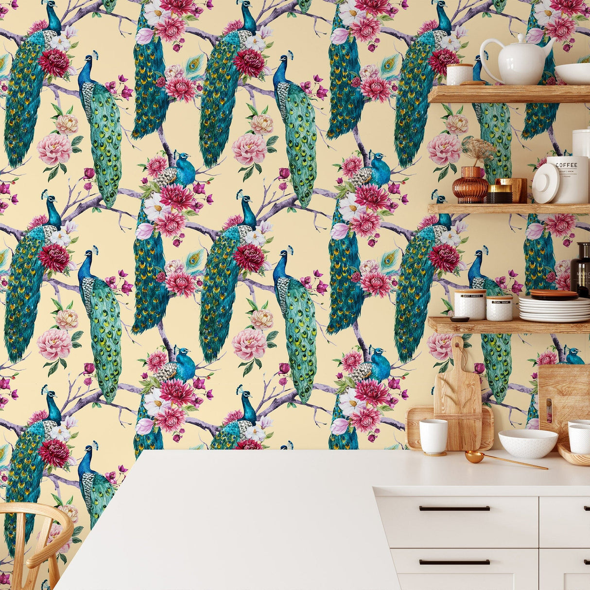 Peacock and Pink Magnolia Wallpaper Peel and stick Wallpaper EazzyWalls 