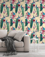 Peacock and Pink Magnolia Wallpaper Peel and stick Wallpaper EazzyWalls 