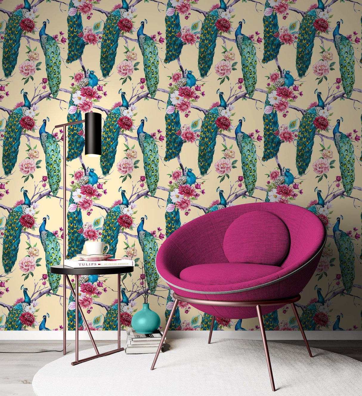 Peacock and Pink Magnolia Wallpaper Peel and stick Wallpaper EazzyWalls 