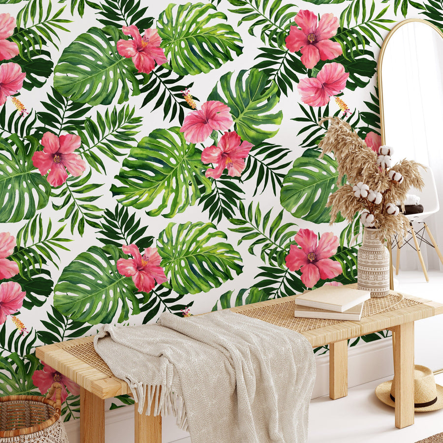 Pink Hibiscus Flower Wallpaper with a wooden bench and decor items