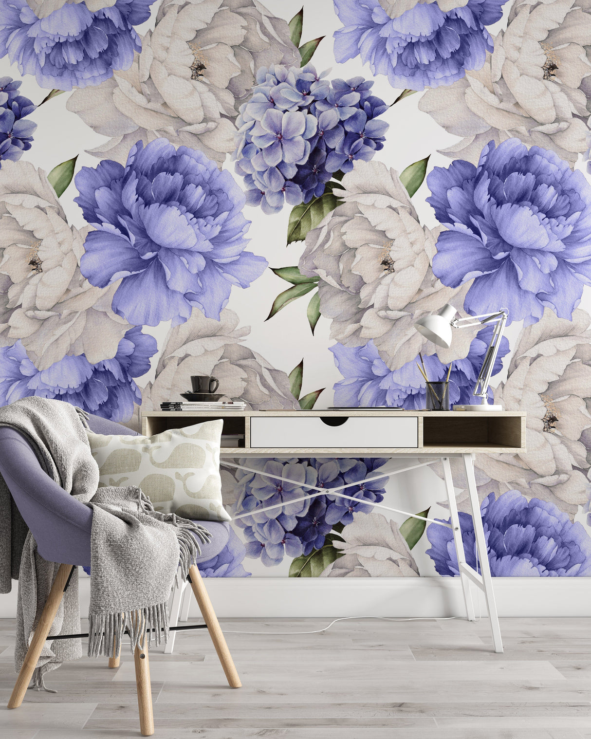 Delicate Blue and Purple Peony Floral Wallpaper Peel and stick Wallpaper EazzyWalls 