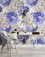 Delicate Blue and Purple Peony Floral Wallpaper Peel and stick Wallpaper EazzyWalls 