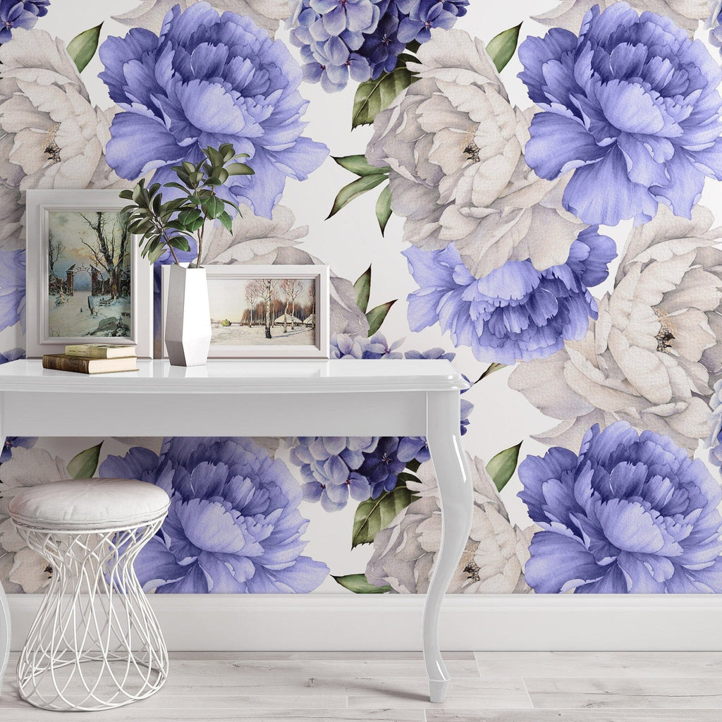 Delicate Blue and Purple Peony Floral Wallpaper Peel and stick Wallpaper EazzyWalls 