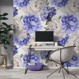 Delicate Blue and Purple Peony Floral Wallpaper Peel and stick Wallpaper EazzyWalls 