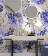 Delicate Blue and Purple Peony Floral Wallpaper Peel and stick Wallpaper EazzyWalls 