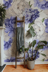 Delicate Blue and Purple Peony Floral Wallpaper Peel and stick Wallpaper EazzyWalls 