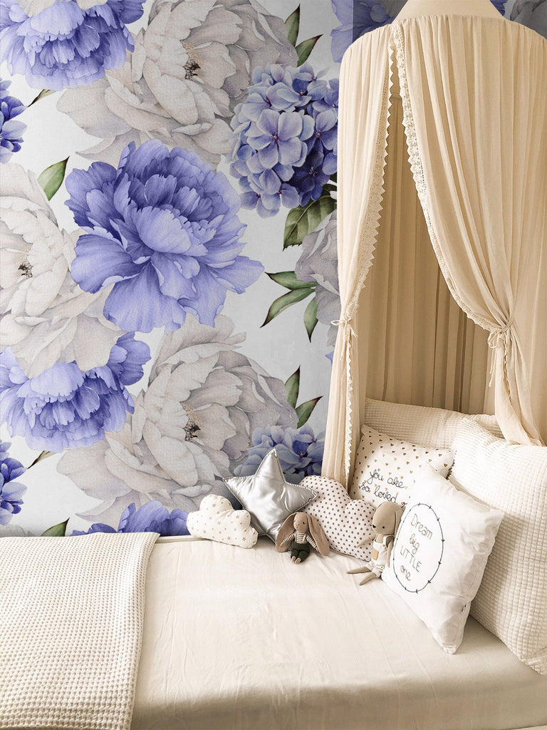 Delicate Blue and Purple Peony Floral Wallpaper Peel and stick Wallpaper EazzyWalls 
