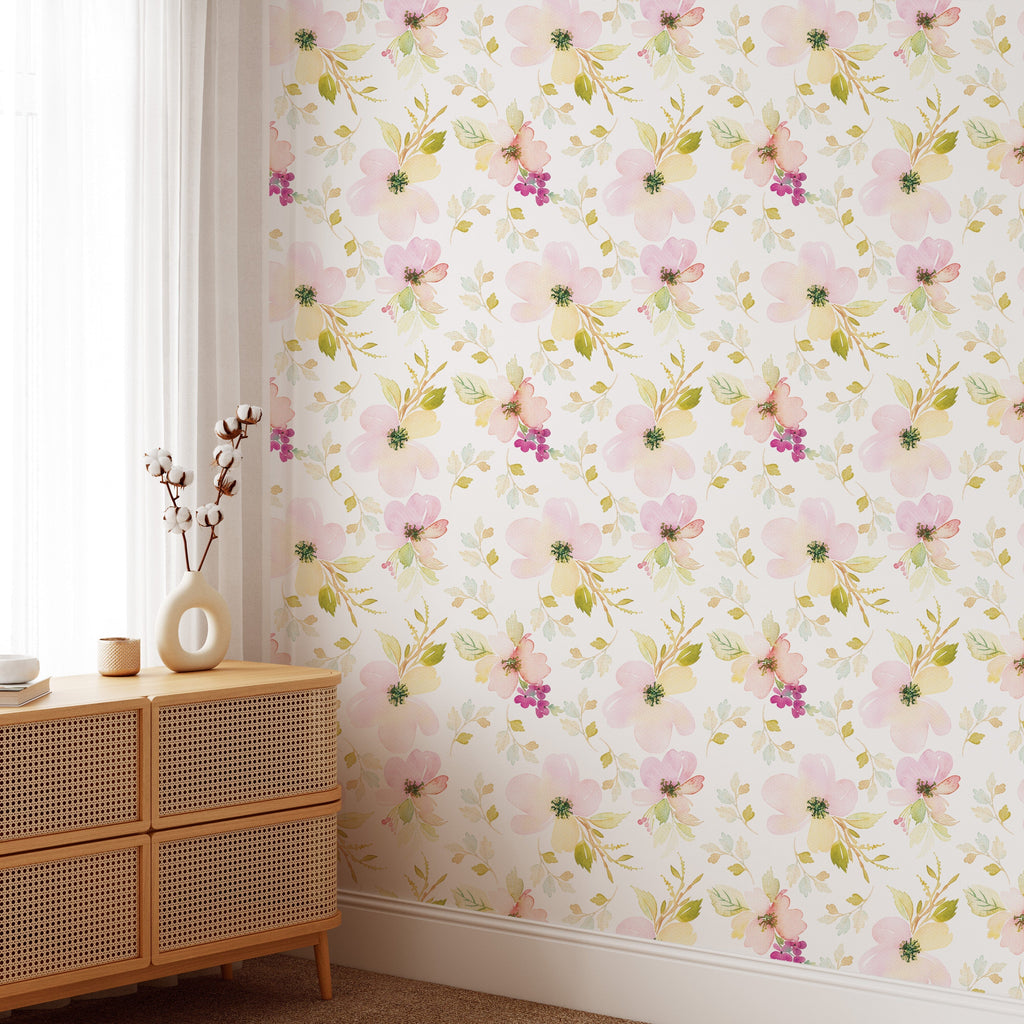 Watercolor Gentle Pink Flowers Pattern Large Scale Wallpaper Removable Wallpaper EazzyWalls 
