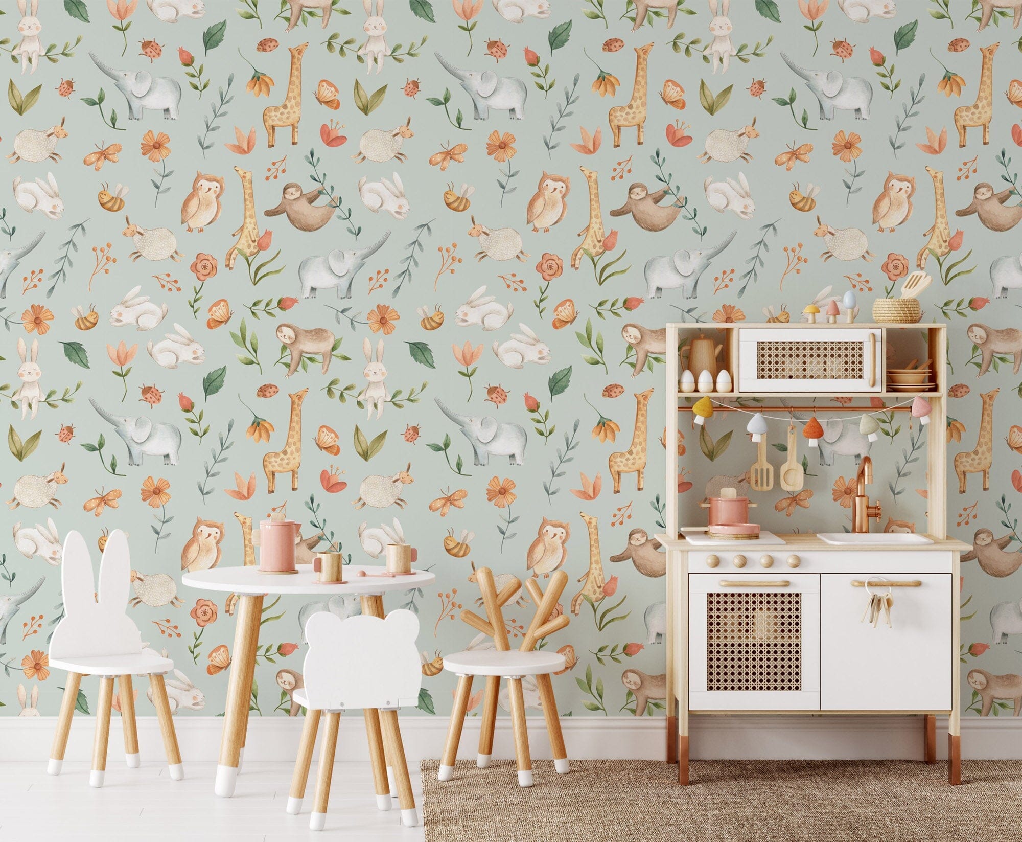 Playful Animal Nursery Wallpaper - Featuring Rabbits, Elephants ...