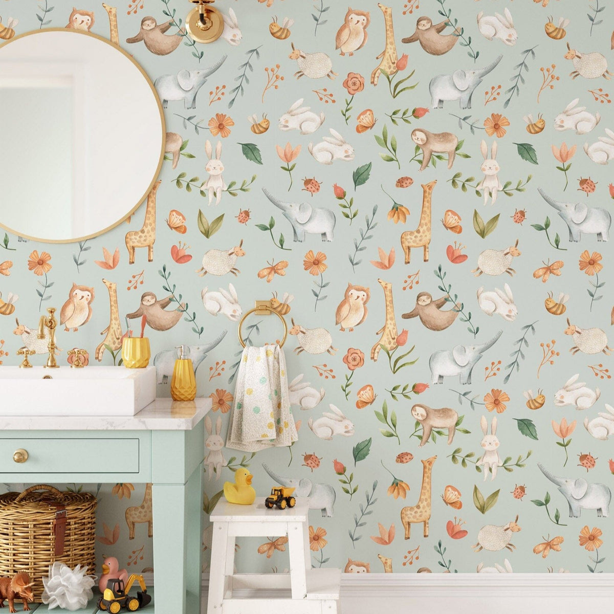 Playful Animal Nursery Wallpaper - Featuring Rabbits, Elephants ...