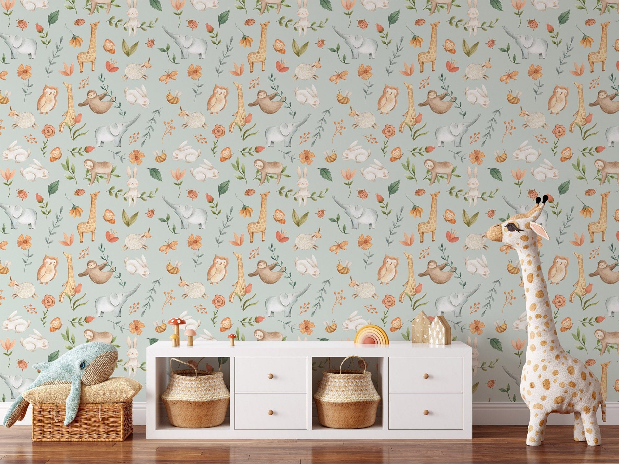 Playful Animal Nursery Wallpaper - Featuring Rabbits, Elephants ...