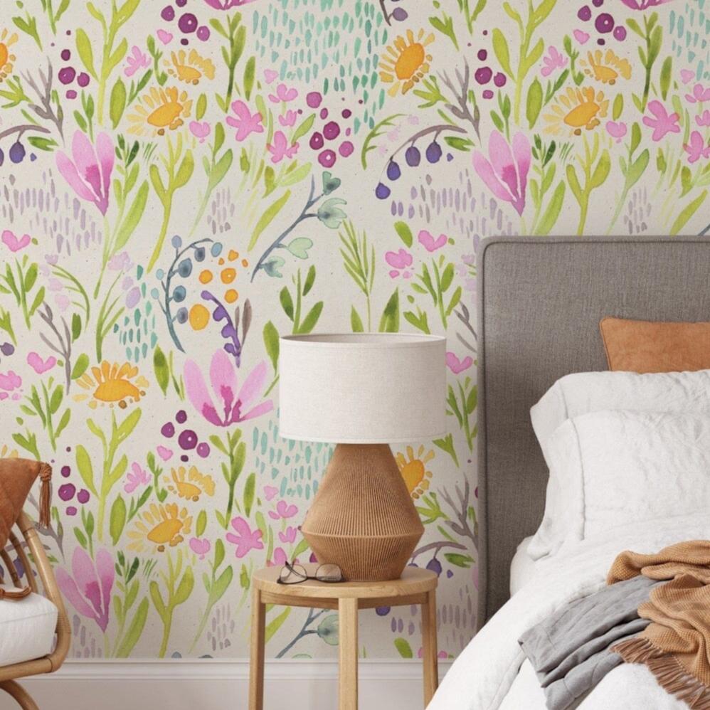 Hand Painted Colorful Flowers Wallpaper Peel and stick Wallpaper EazzyWalls Sample: 6"W x 9"H Smooth Vinyl 