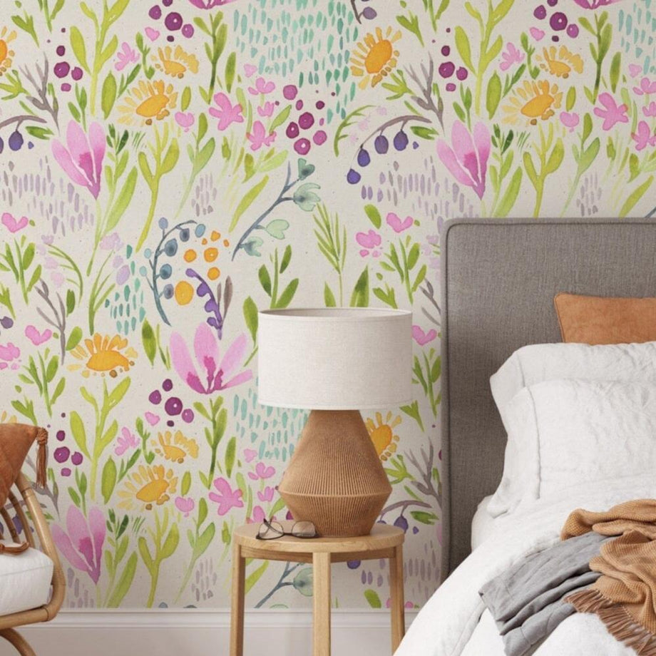 Pink Floral Hand Painted Wallpaper / Peel and Stick Wallpaper