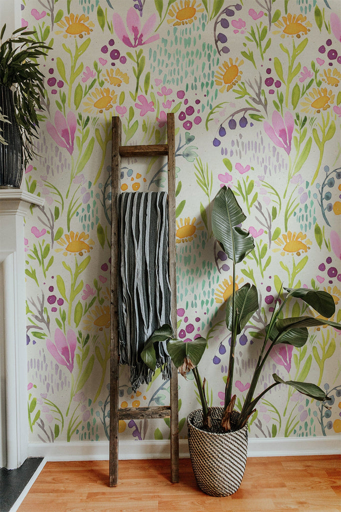 Hand Painted Colorful Flowers Wallpaper Peel and stick Wallpaper EazzyWalls 