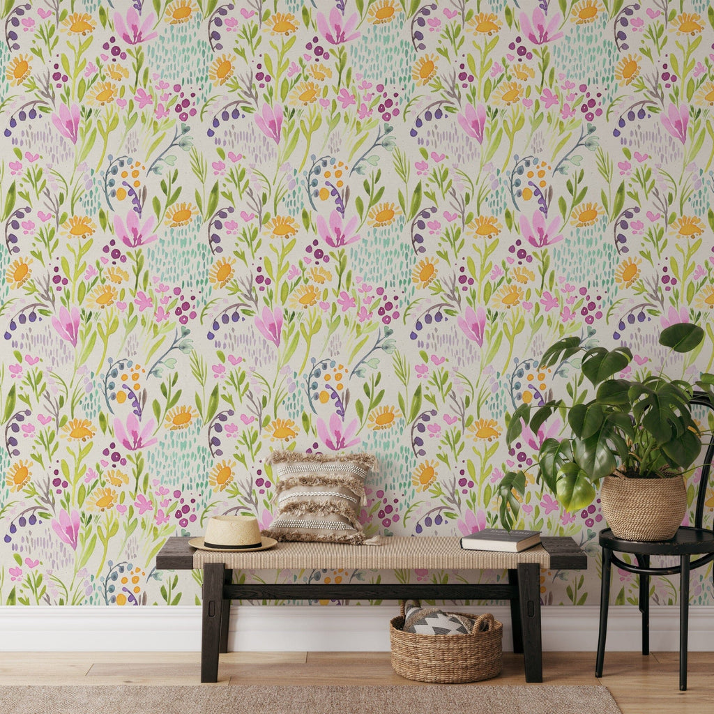 Hand Painted Colorful Flowers Wallpaper Peel and stick Wallpaper EazzyWalls 