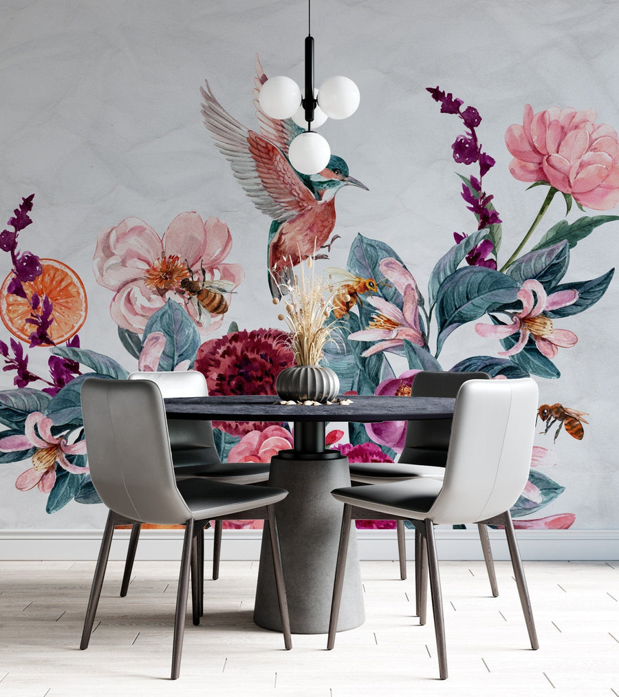 Birds with Floral Wallpaper Peel and stick Wallpaper EazzyWalls 