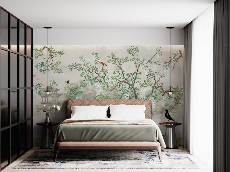Chinoiserie Japanese Sakura Tree Wallpaper Removable Wallpaper EazzyWalls 