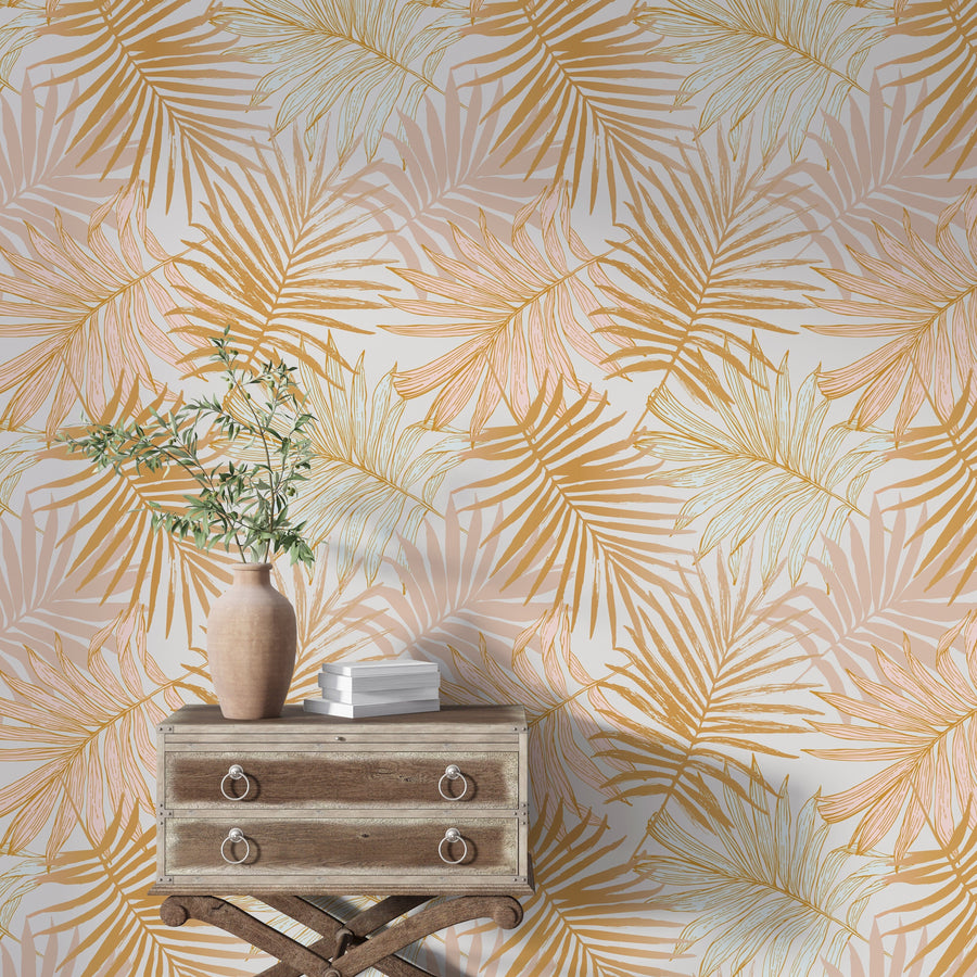Golden Tropical Leaves Pattern Peel and Stick Wallpaper Peel and stick Wallpaper EazzyWalls 
