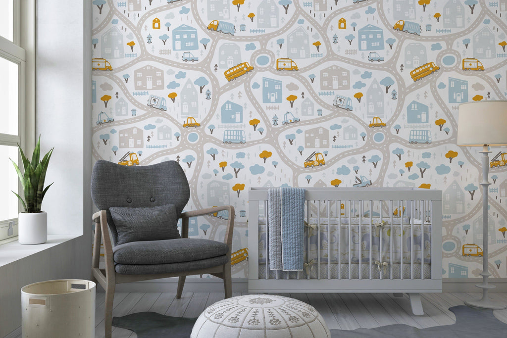 Cars, Road, Park, Houses Wallpaper for Nursery Wallpaper Removable Wallpaper EazzyWalls 