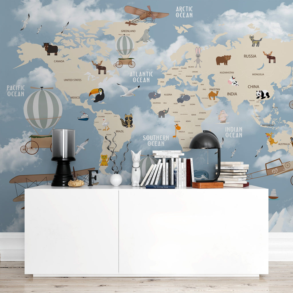 Kids World Map Animal Learning Wallpaper Peel and stick Wallpaper EazzyWalls 