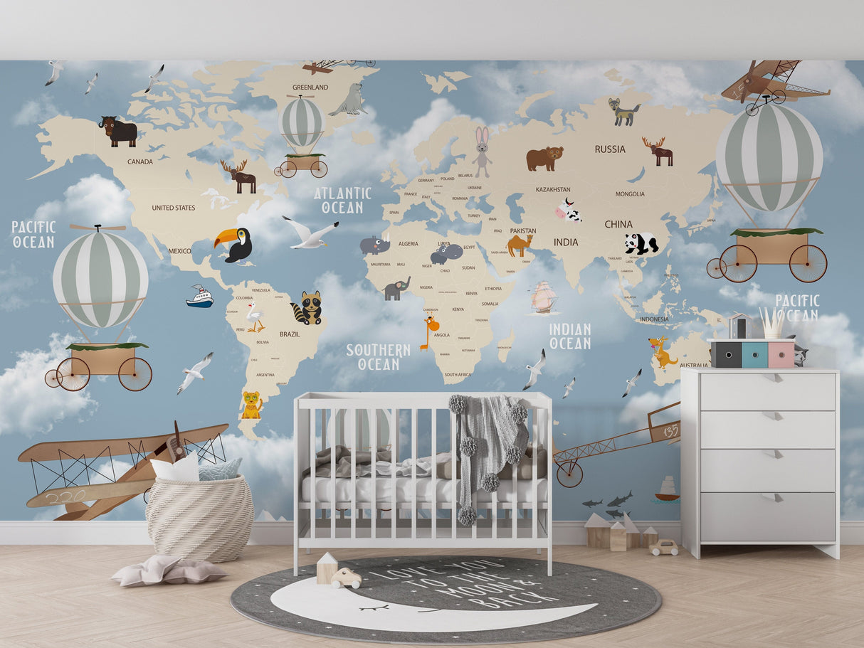 Kids World Map Animal Learning Wallpaper Peel and stick Wallpaper EazzyWalls 