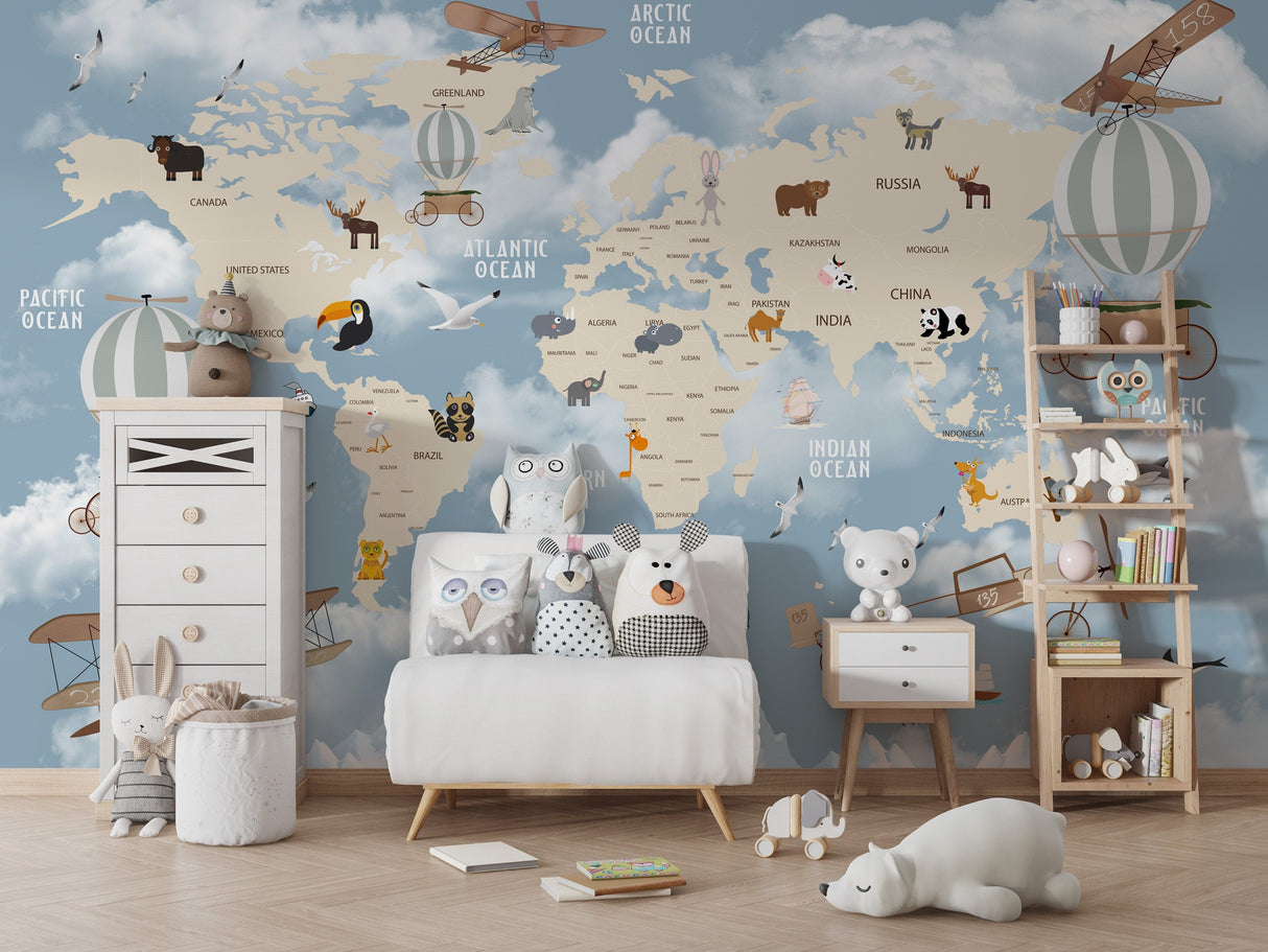 Kids World Map Animal Learning Wallpaper Peel and stick Wallpaper EazzyWalls 