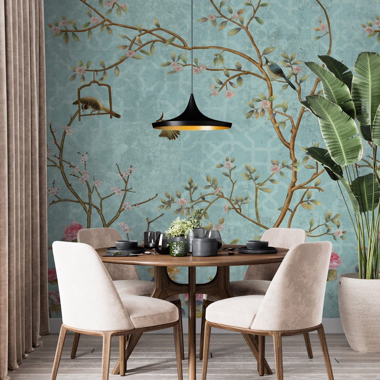 Blue Chinoiserie Birds and Flowers Wallpaper Removable Wallpaper EazzyWalls 